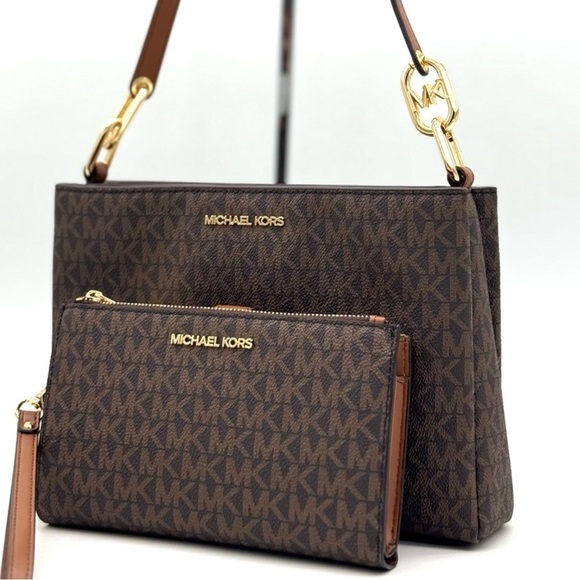 Michael Kors Trisha MD Triple Compartment Bag & Double Zip Wallet Set Brown - Picture 1 of 13